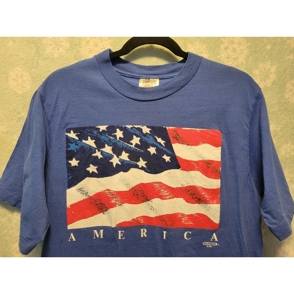 Vintage American Flag L Single Stitch T Shirt Blue USA Made Oneita 90s Classic